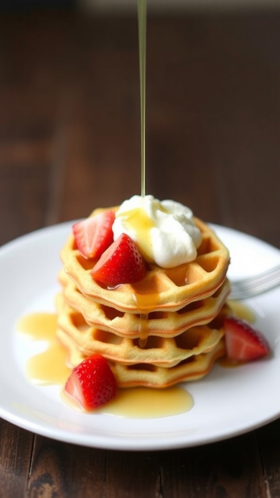 Mini waffles topped with strawberries and syrup on a white plate.